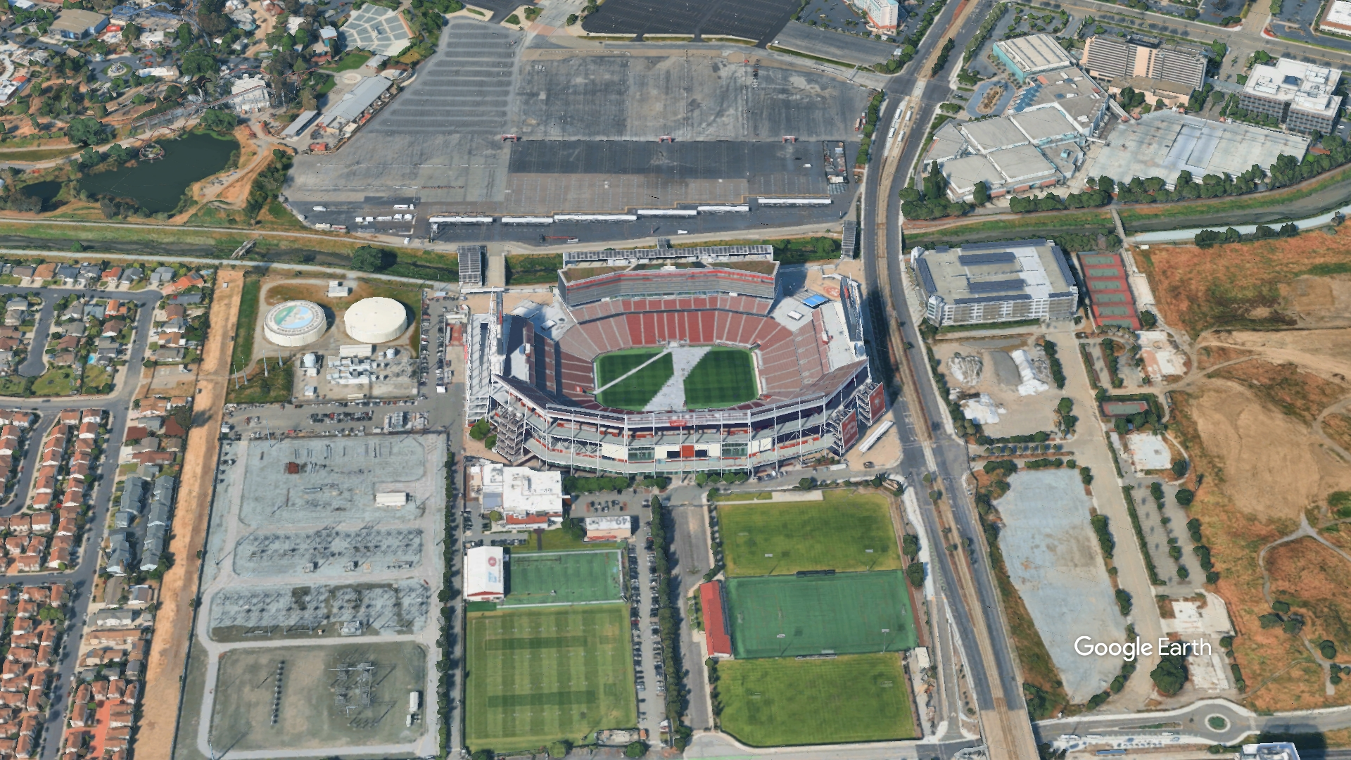 External view of Levi's Stadium from the main entrance approach showing the distinctive facade