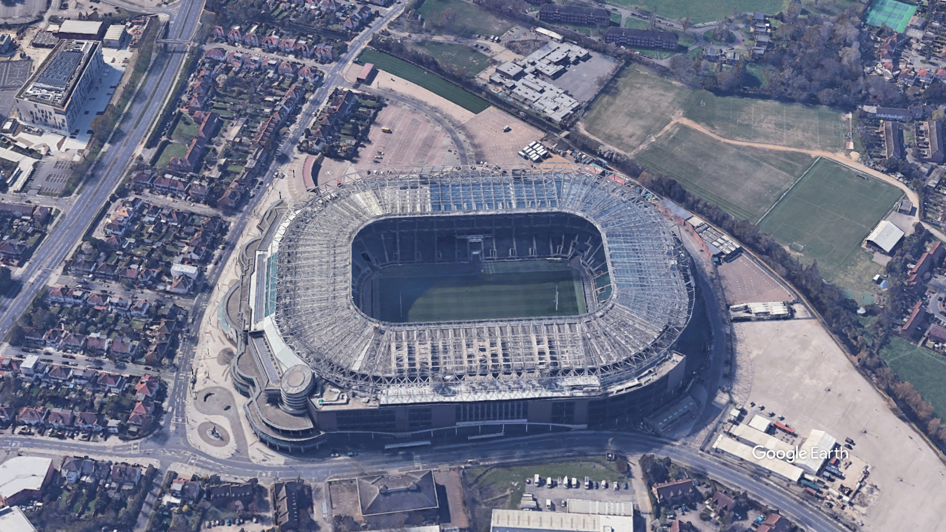 Twickenham Stadium interior showing the pitch and stands
